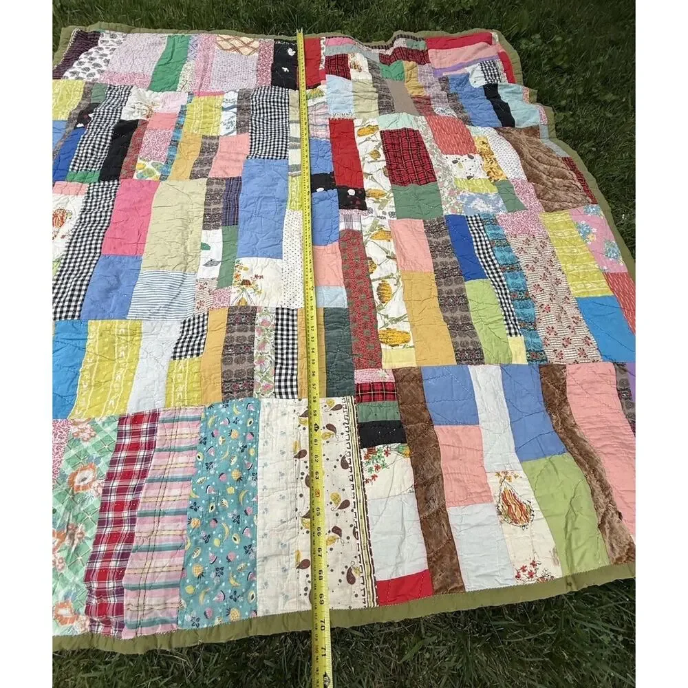 Antique Vintage 1930’s CRAZY QUILT Multi-Color Feed Sack Olive Green Back